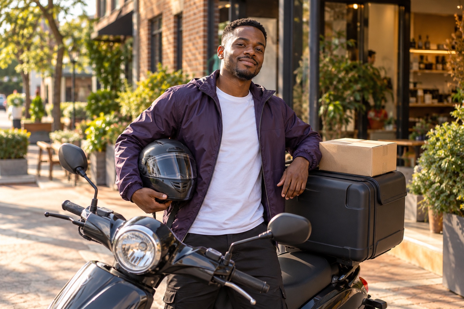 Illustrative portrait of a courier holding a helmet beside a parked delivery scooter