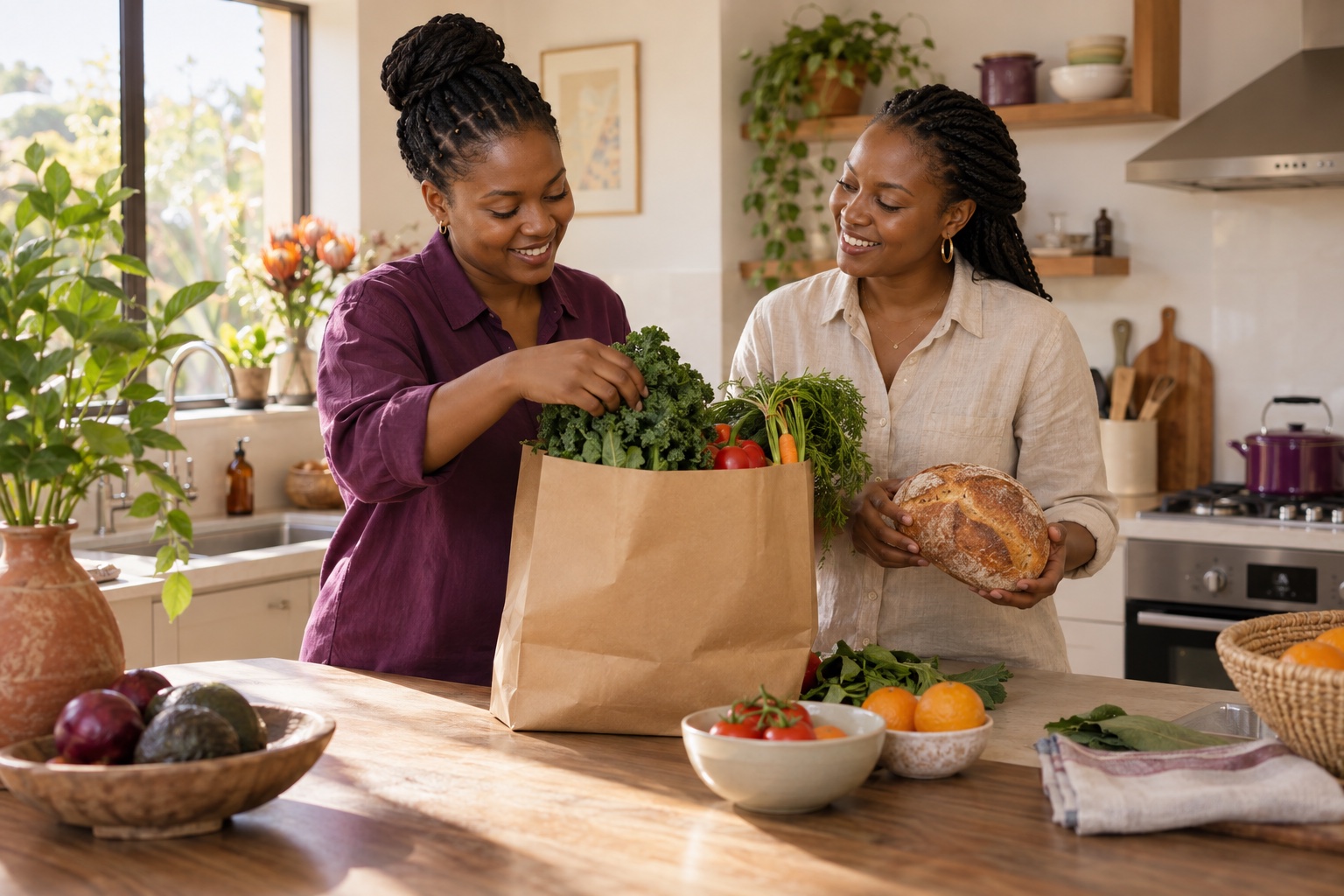 Illustrative scene of two women sharing a moment while unpacking groceries at home