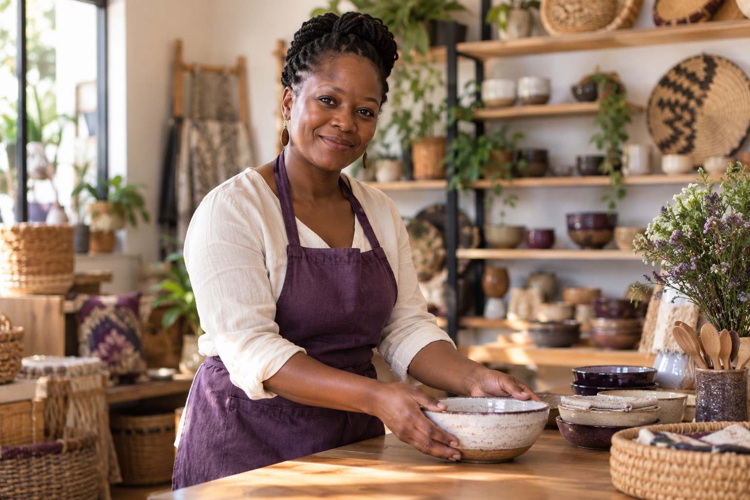 Illustrative portrait of a local business owner presenting ceramics in her shop